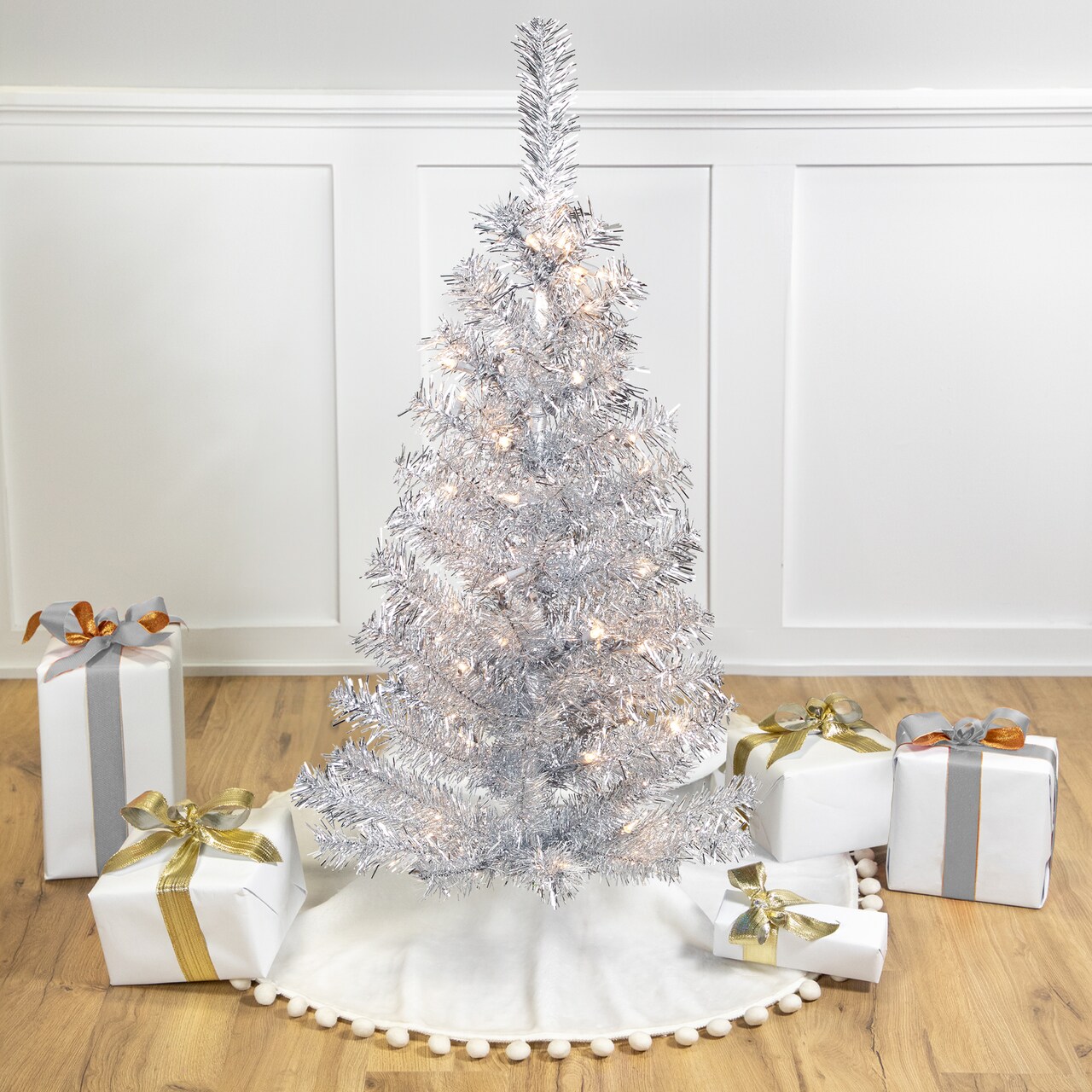 Northlight Pre-Lit Artificial Tinsel Christmas Tree - 3' - Silver - Clear Lights